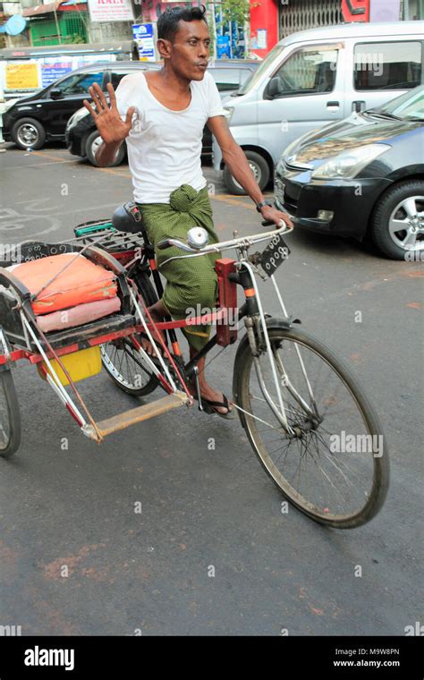 Myanmar Yangon Trishaw Transportation Driver People Stock Photo