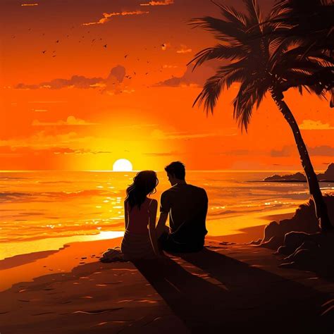 Premium Ai Image Painting Of A Couple Sitting On The Beach Watching The Sunset Generative Ai