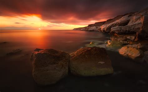 Ocean Sea Hdr Water Shore Coast Rocks Cliff Sunrise Sunset Sky Clouds