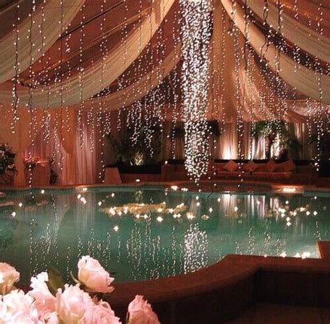 Night Swimmingbeautiful Pool Romantic Dangling Lights And Roses