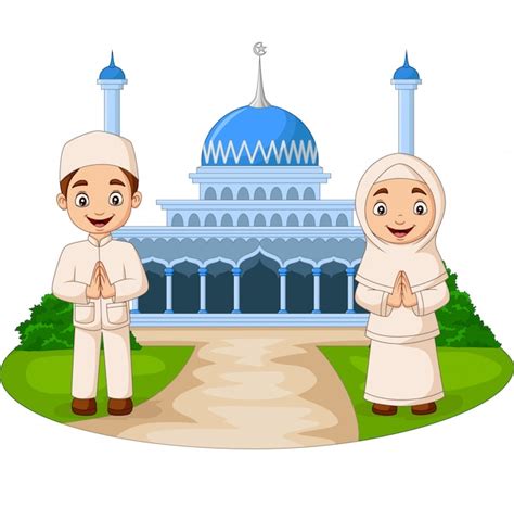 Premium Vector Happy Cartoon Muslim Kids In Front Of Mosque