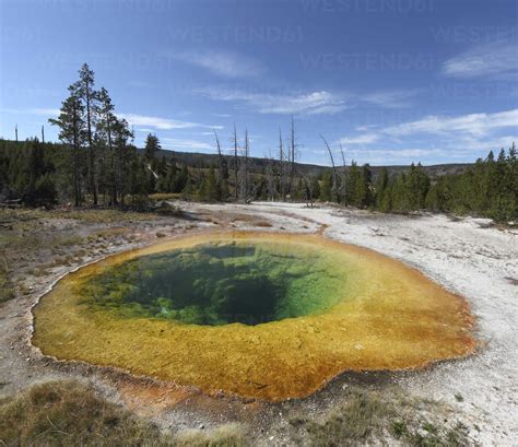 View Of Morning Glory Pool At Yellowstone National Park Stock Photo