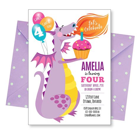 Purple Dragon Birthday Invitation Cute Dragon Invitation Etsy