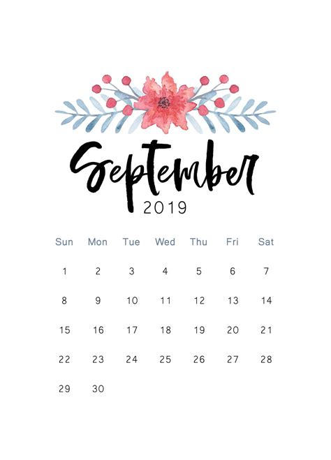 Cute September 2019 Calendar Printable Hd Wallpaper Floral Design
