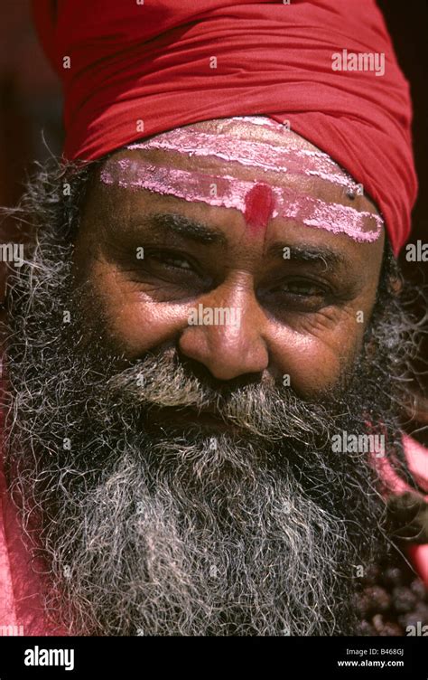 Sadhu Holy Man In Red Turban Beard Red Dot On Forehead Close Up Durbar