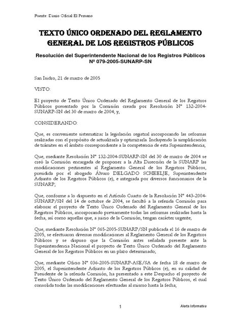 Res 79 2005 Sunarp Sn Tuo Del Reglamento General De Los Registros
