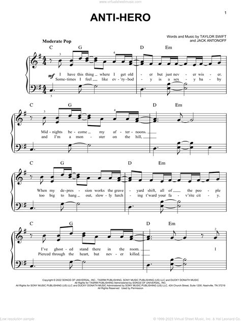 Anti Hero Easy Sheet Music For Piano Solo Pdf Interactive