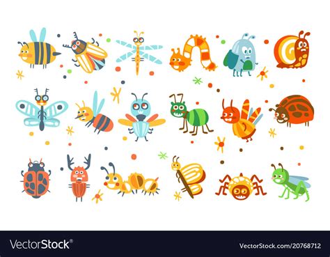 Cute Cartoon Bugs Set Funny Insects Colorful Vector Image