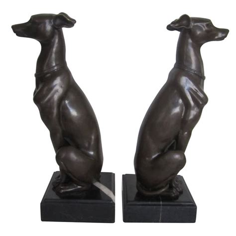 Pair Signed Art Deco Bronze Whippet Or Greyhound Dog Sculpture Bookends