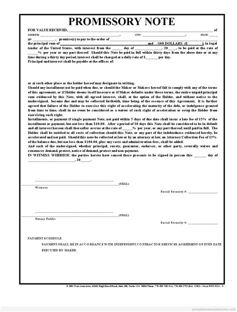 Promissory Note Printable Real Estate Forms