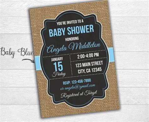 Burlap Baby Shower Invitation Digital Printable Blue Etsy