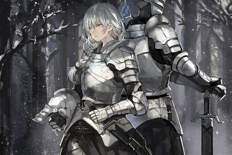 Anime Original Girl Armor Knight White Hair Snow Sword Wallpaper