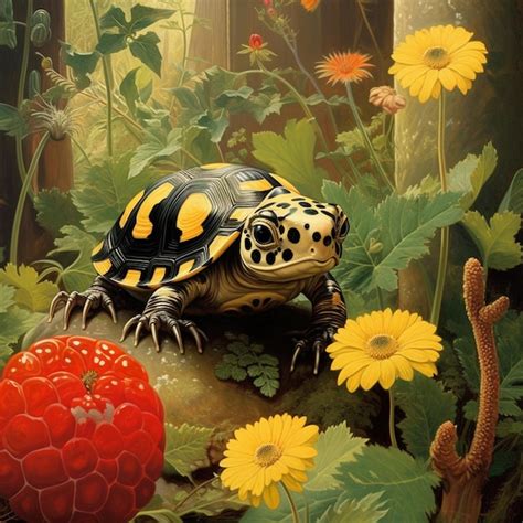 Premium Ai Image Painting Of A Turtle And A Strawberry In A Garden