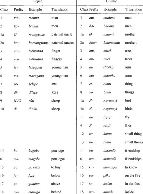 Layout Of The Noun Class Systems In Sepedi And Cilubà Download Table