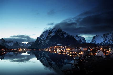 壁紙、ノルウェー、ロフォーテン諸島、山、住宅、夕、海岸、reine Village、村、都市、ダウンロード、写真