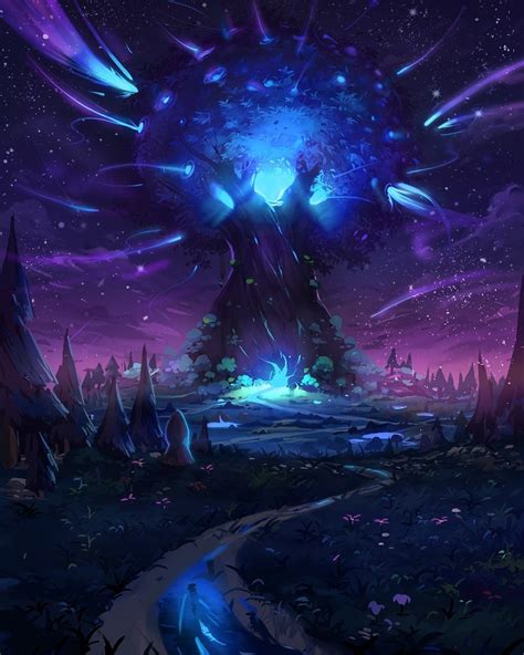 An Image Of A Fantasy Landscape With Blue And Purple Lights In The Sky