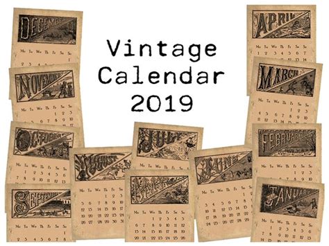 Digital Vintage Calendar 2019 Journal Cards Monthly Calendar Etsy