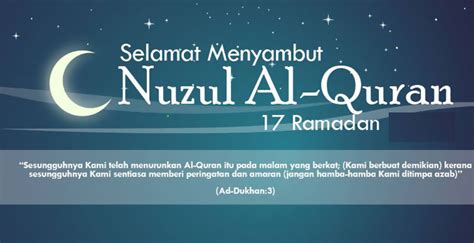 Diturunkannya al qur'an secara utuh dari lauhul mahfuzh di langit ketujuh, ke baitul izzah di langit dunia. Peristiwa Nuzul Al-Quran 17 Ramadhan - TCER.MY