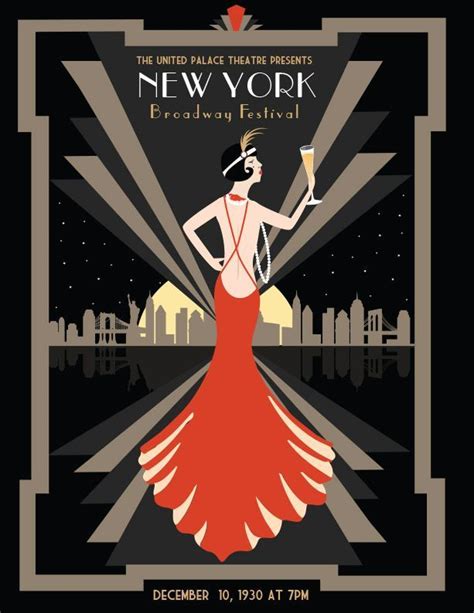 An Art Deco New York Broadway Festival Poster With A Woman In A Red Dress Holding A Martini