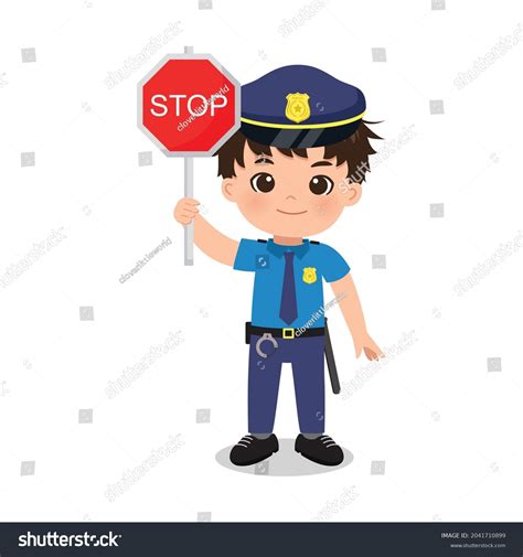 Cute Police Man Stop Sign Flat Stock Vector Royalty Free 2041710899