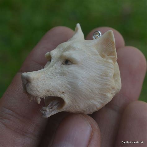 Wolf Head Carved 35x40mm Pendant Pf536 W Silver In Antler Bali Hand