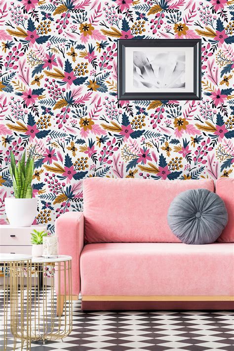 Bright Pink Flowers Removable Wallpaper Peel And Stick Etsy Wall
