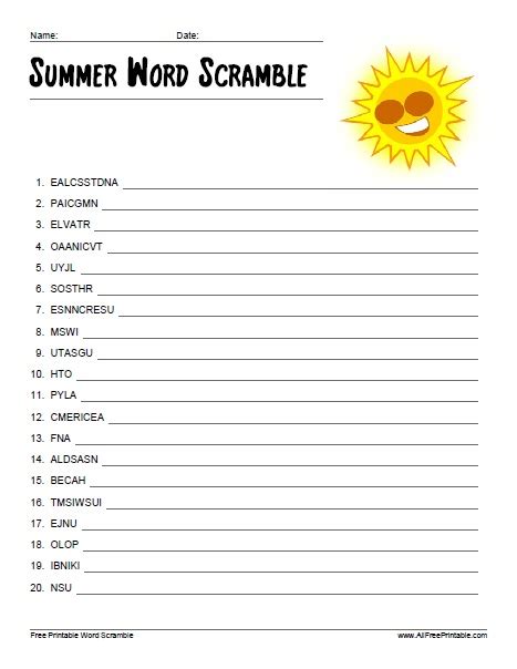 Print Summer Word Scramble Free Printable