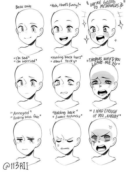 The Stages Of Facial Expressions For An Anime Characters Face And Head