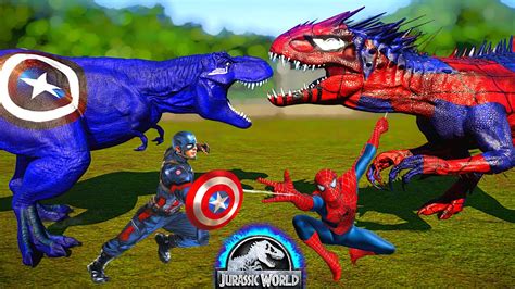 Captain America T REX Vs Spiderman I REX Batman Ironman Dinosaurs Fight Jurassic World