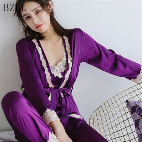 Bzel Sexy Women Pajamas Long Sleeve Sleepwear Lace Nightwear V Neck Sleep Lounge Silk Satin