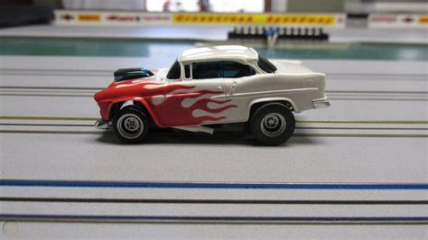 Aurora Afx Ho Scale Slot Car Used 55 Chevy White W Red Flames Magna