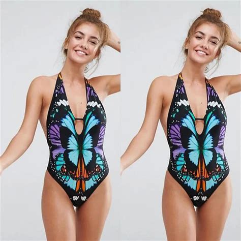 Womens Butterfly Pattern Bikini New Sexy Halter Swimwear 2018 One Piece Swimsuit Monokini Lady