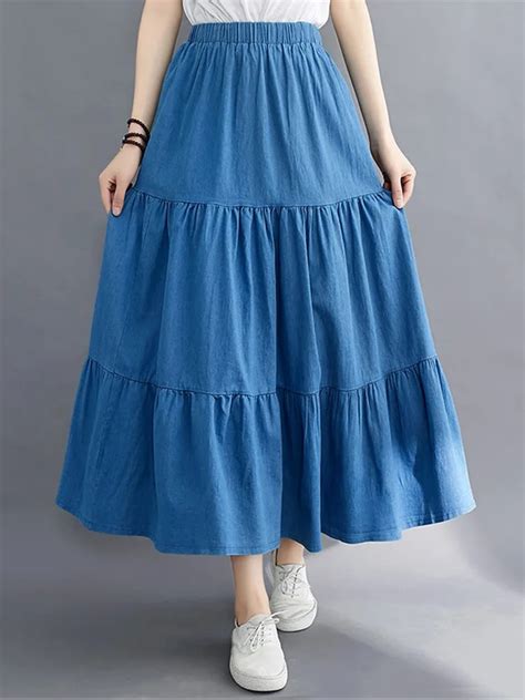 TIGENA Casual Solid Long Denim Skirt Women Summer Korean Elegant A