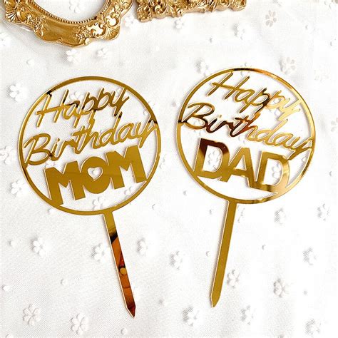 Acrylic Mom Dad Happy Birthday Cake Topper Gold Mommy Daddy Cupcake