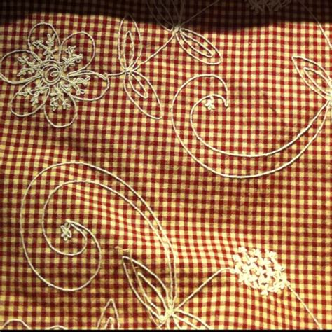 Floral Embroidery On Caramel And Red Gingham Check Linen Sewing