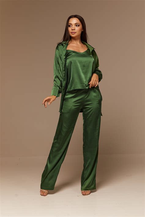 Moss Green Silk Pant Suit For Women Satin Three Piece Summer Etsy