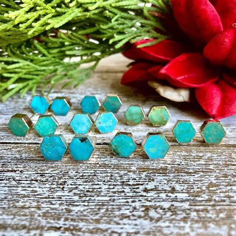 Raw Stone Turquoises Stud Earrings Gold Turquoises Studs Gold Hexagon