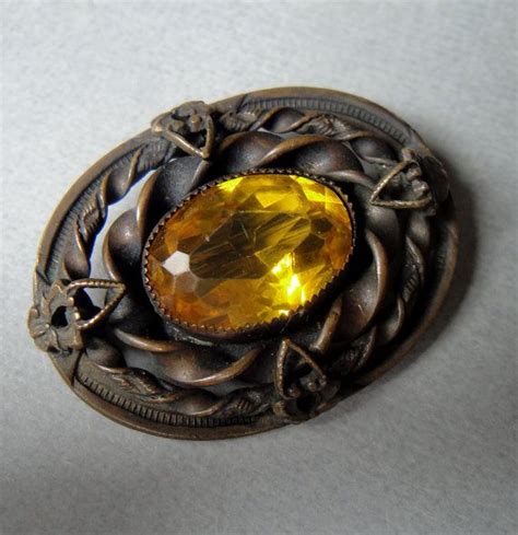 Vintage Brooch Pin Victorian In Citrine Topaz Yellow Glass Rhinestone