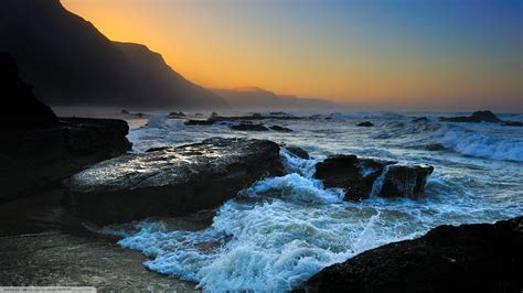 Wallpaper Sunset Sea Bay Rock Shore Beach Sunrise Morning