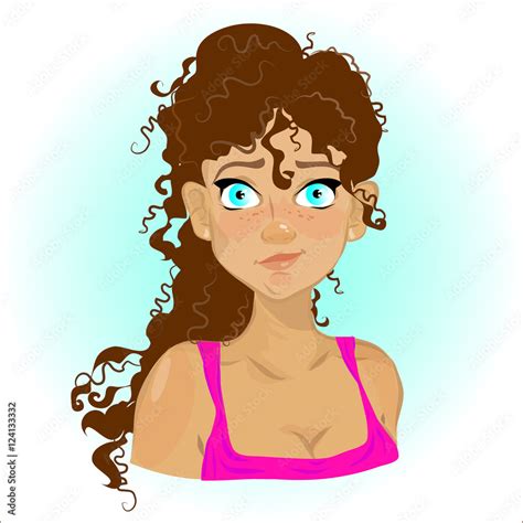 Cartoon Surprised Girl With Brown Curly Hair Woman Character Stock