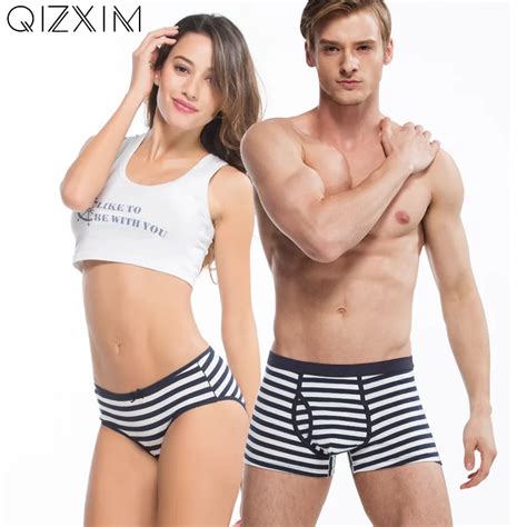 Qizxim Navy Stripes Print Couples Underwear Lovers Panties Men Boxers Women Panties Soft Cotton