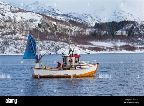 Fishing Boat In Winter Raftsund Fjord Lofoten Islands Norway