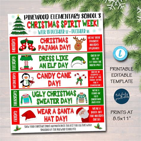 Christmas School Spirit Week Itinerary Schedule Daily Weekly Calendar