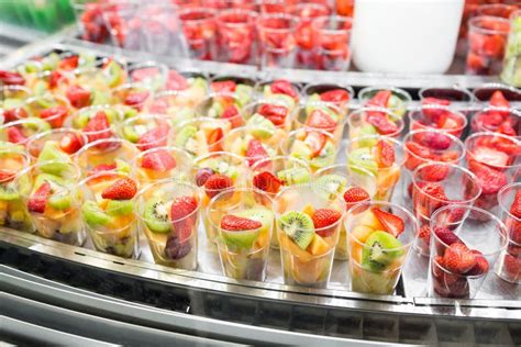 Fresh Fruit Mix In Plastic Cups On Market Showcase Stock Image Image
