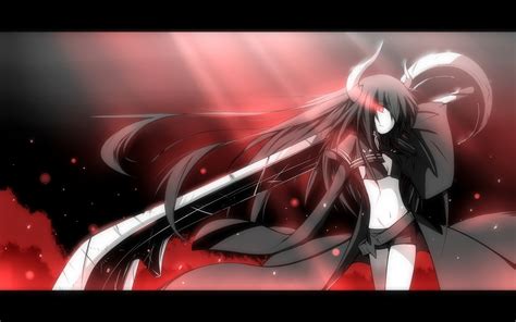 Black Rock Shooter Horns Belts Red Eyes Black Gold Saw Anime Girls