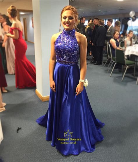Royal Blue A Line Two Piece Beaded Bodice Prom Dress With