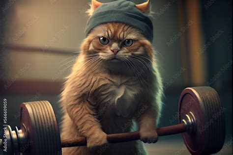 The Cat In The Gym Lifts The Barbell And Dumbbells Stock Illustration