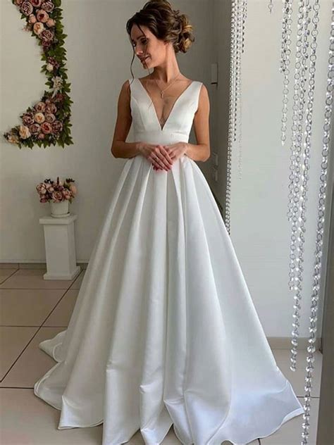 V Neck A Line Satin Wedding Dress Montpelier Simple Wedding Outfits For Guests Womens