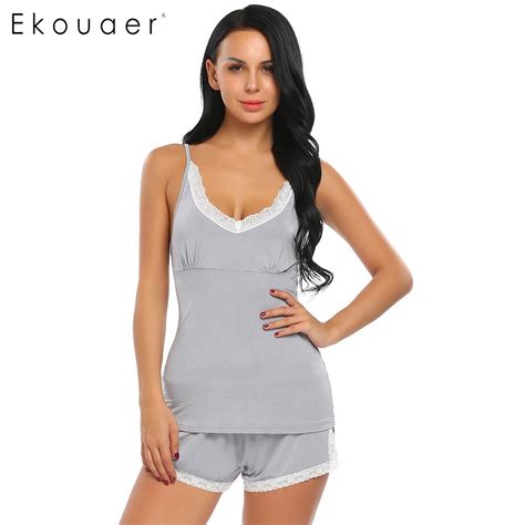 Ekouaer Women Pajamas Set Nightwear Lace Trim Sleeveless Cami Tops Shorts Suit Sexy Lingerie