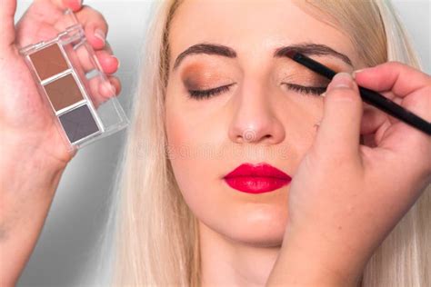 Makeup Artist Paints A Woman Eyebrows Makeup Beauty Concept Stock